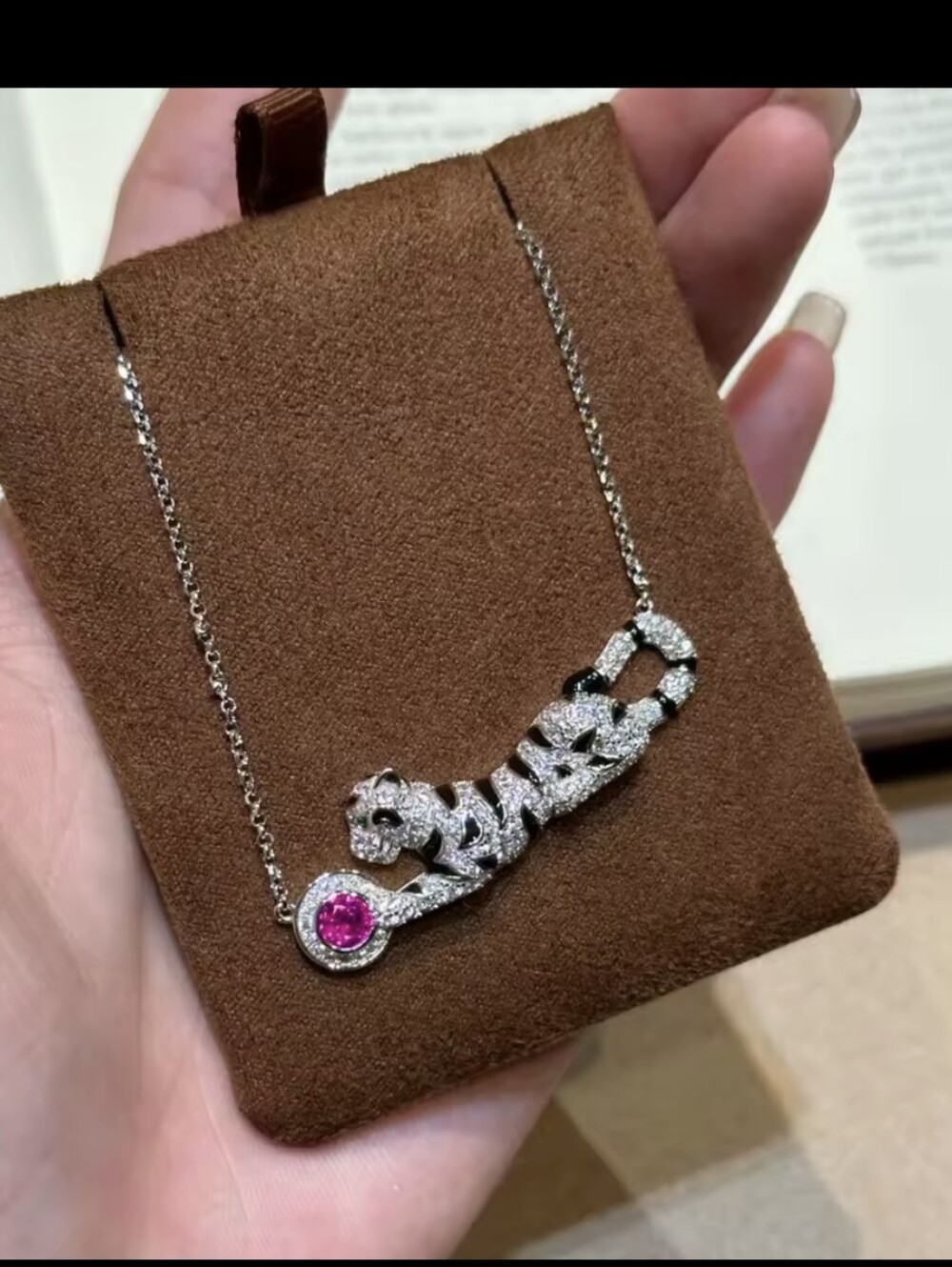 Silver Diamond Leopard With Pink Stone Pendant Necklace